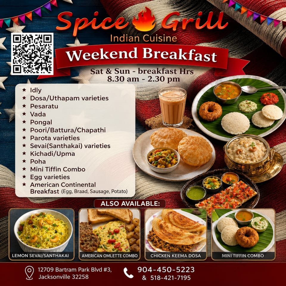 A vibrant menu for Spice Grill Indian Cuisine's weekend breakfast, featuring various dishes and combos.