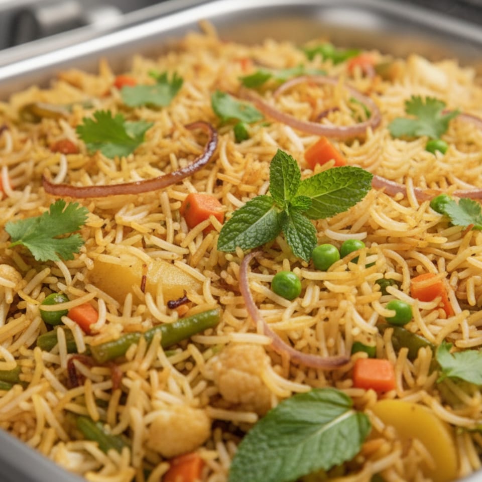 Close-up of vegetable biryani with rice, peas, carrots, onions, and mint in a metal tray.