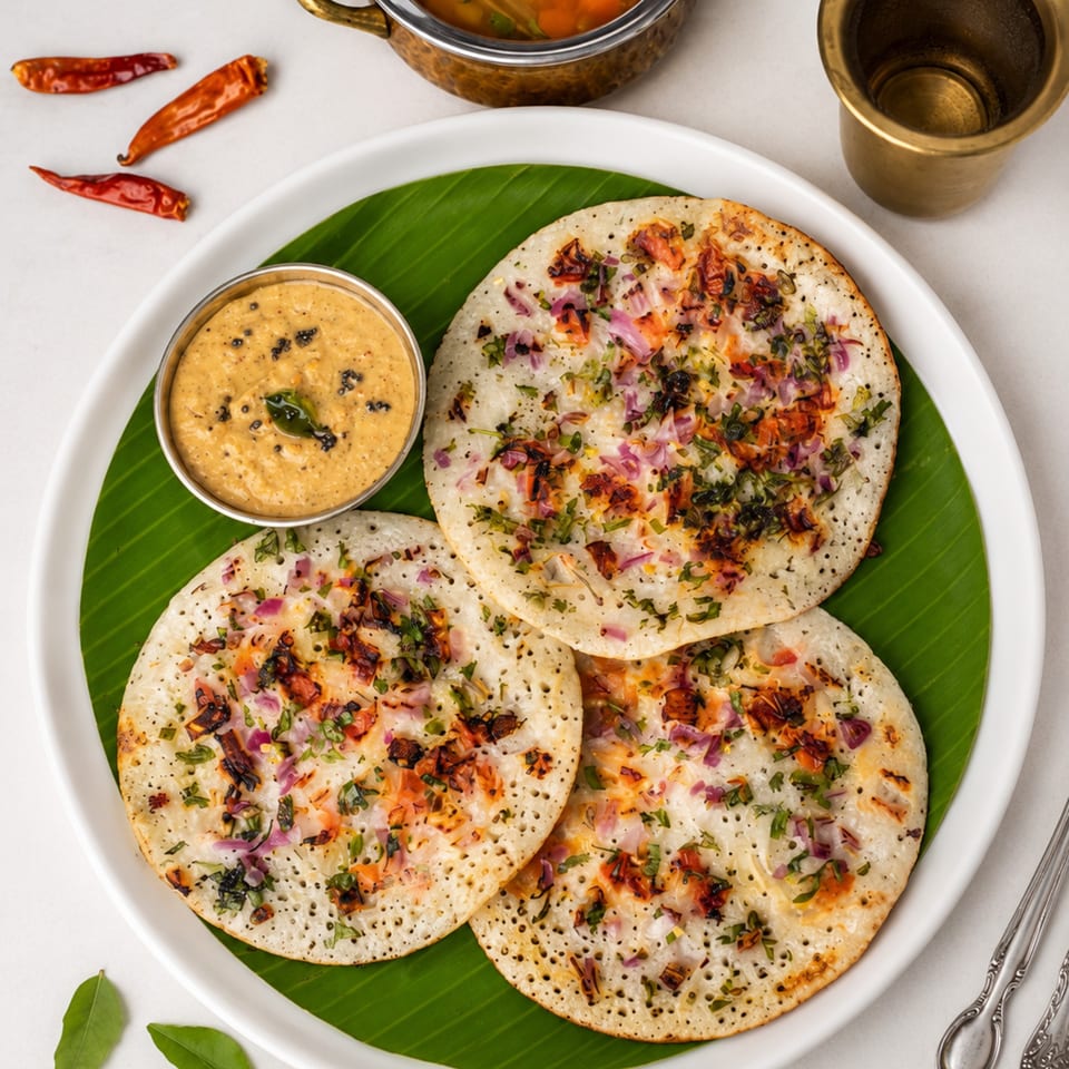 Three savory uttapam pancakes with onions and herbs, served with chutney on a banana leaf.