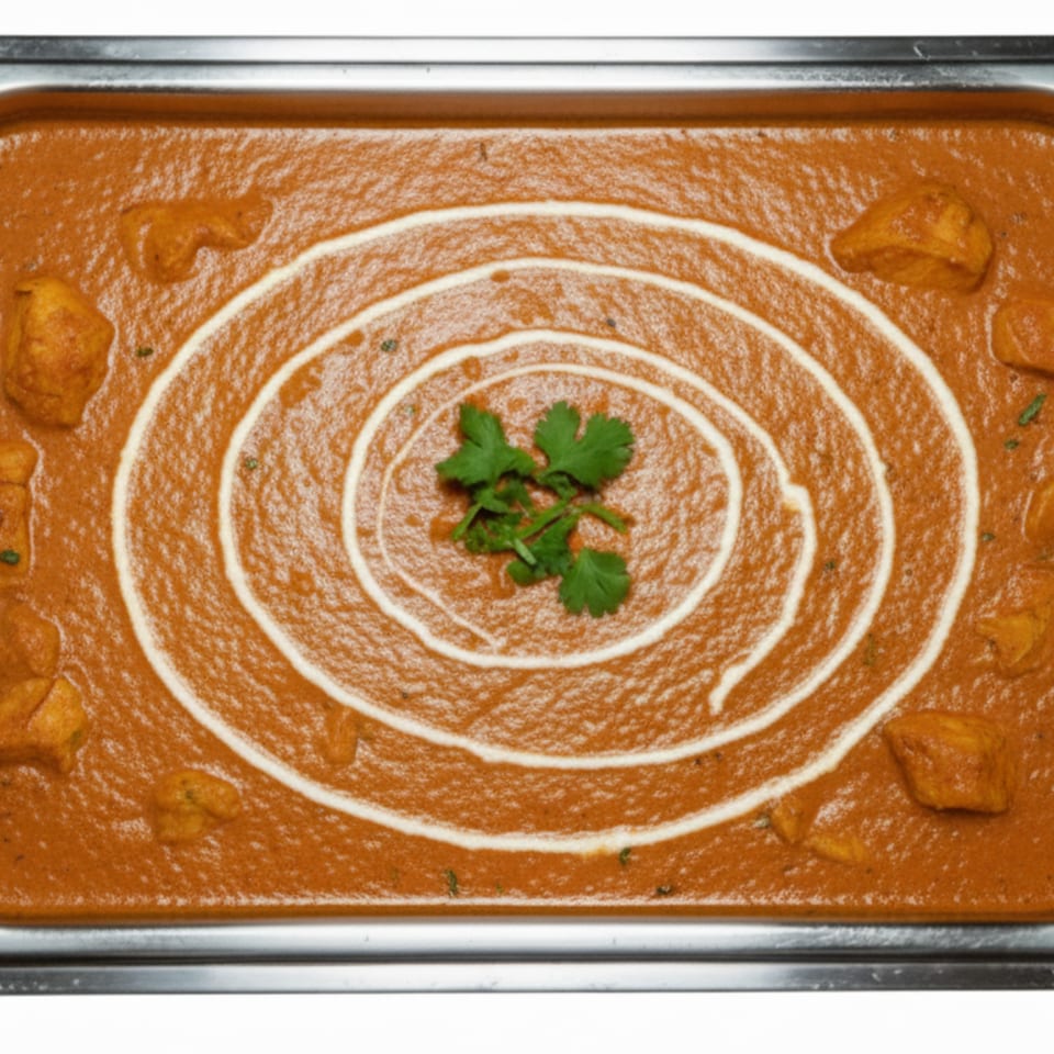 Overhead view of butter chicken in a metal tray, garnished with cream swirls and cilantro.