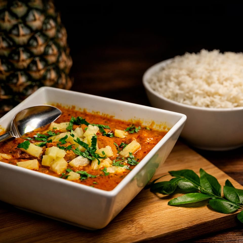 Pineapple curry with rice and curry leaves on a wooden board, with a whole pineapple in the background.