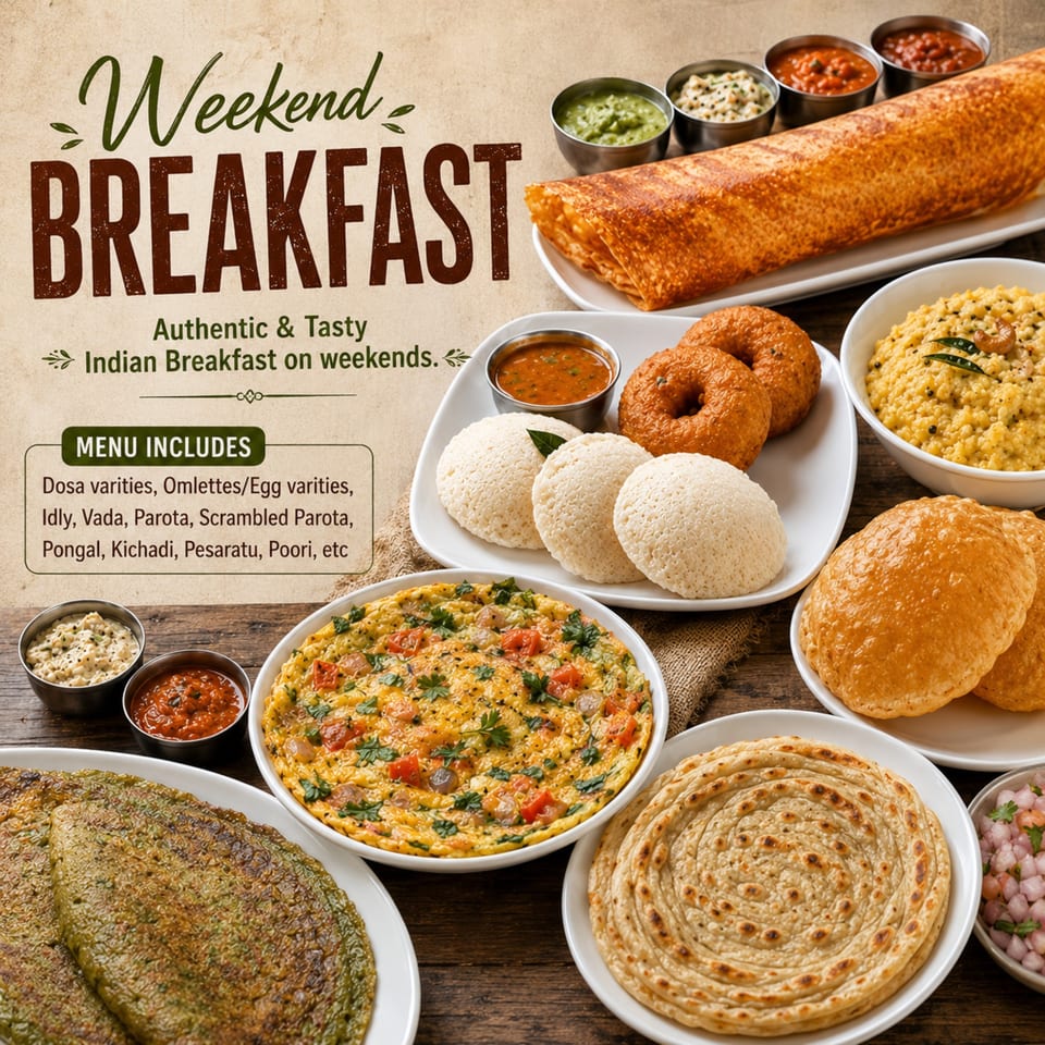 A vibrant spread of Indian breakfast dishes, including dosa, idli, vada, omelets, and various chutneys.
