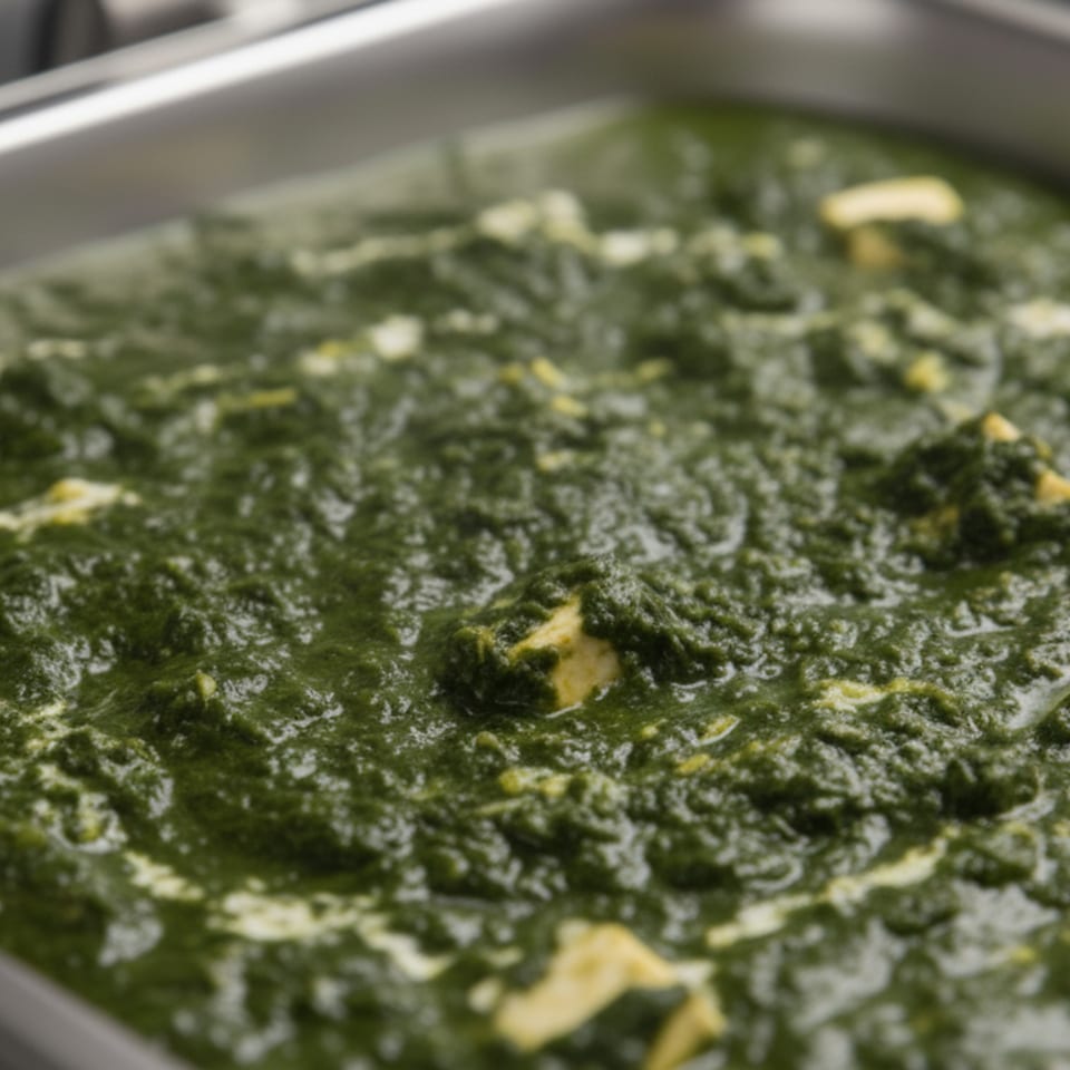 Close-up of vibrant green palak paneer with creamy white swirls and paneer cubes in a metal tray.