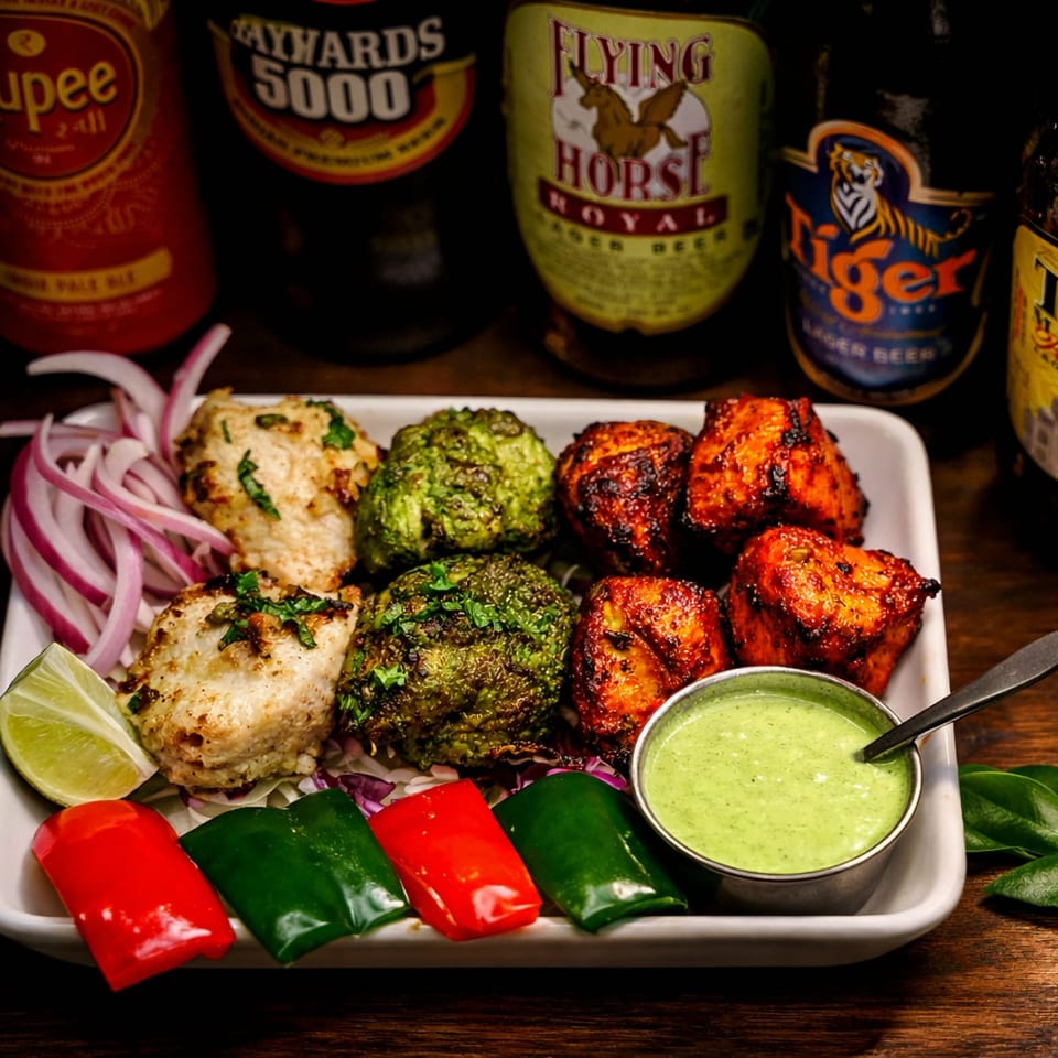 A platter of white, green, and red chicken tikka with sauce, peppers, and beer bottles.