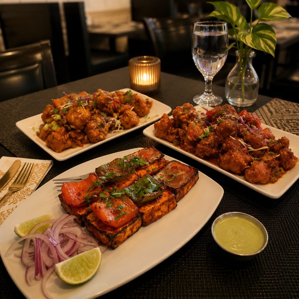 Three plates of Indian food, including paneer tikka and two plates of Gobi Manchurian, on a dark table.