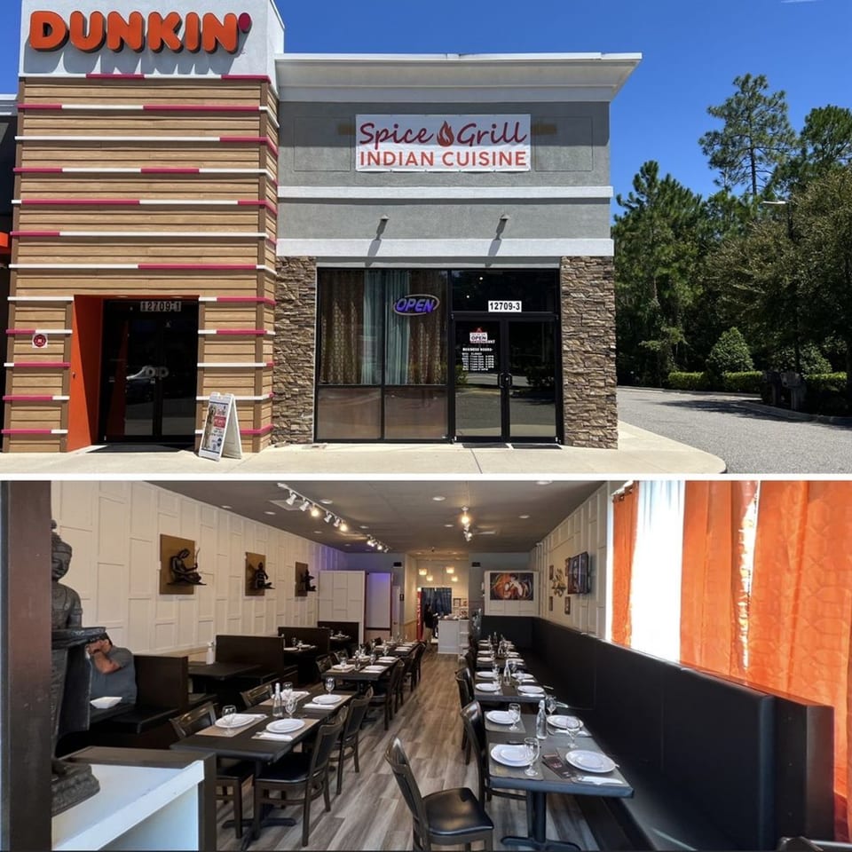 Exterior and interior views of Spice Grill Indian Cuisine, featuring dining tables and cultural decor.