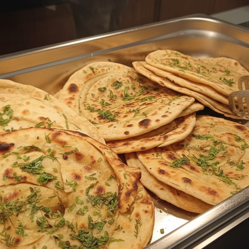Golden-brown naan bread, topped with fresh green herbs, stacked in a metal serving tray.
