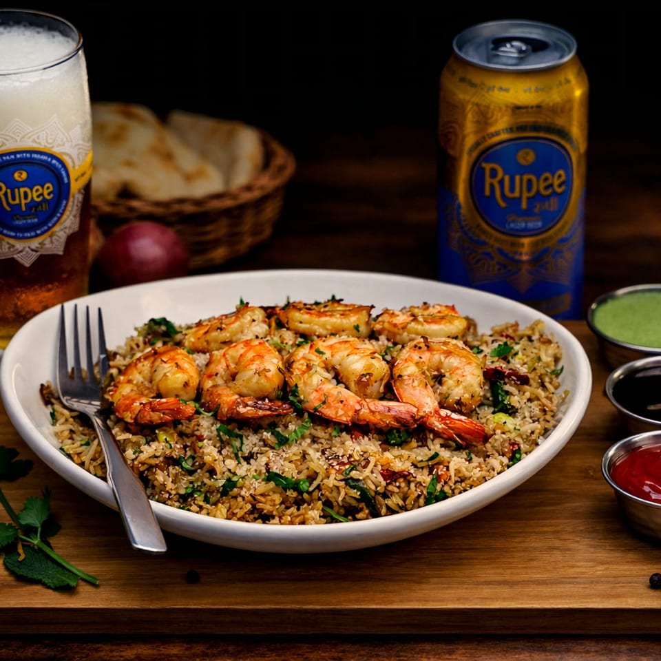 Shrimp fried rice with cilantro, a fork, and three dipping sauces, with Rupee beer.