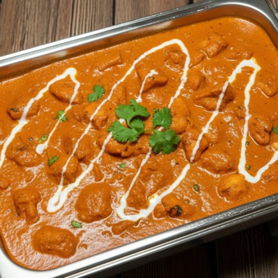 Close-up of a large pan of butter chicken, garnished with cream swirls and fresh cilantro.