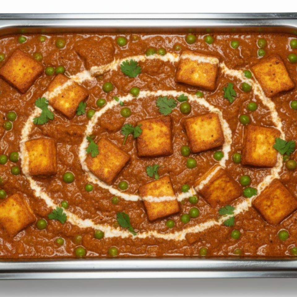 Paneer butter masala with green peas and cilantro in a metal serving dish.