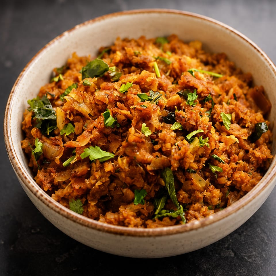 Close-up of a bowl filled with spicy, reddish-brown Indian Poha, garnished with fresh green herbs.