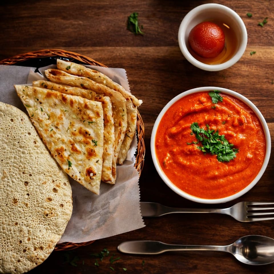 Indian meal with naan bread, papadum, red curry, and gulab jamun on a wooden table.