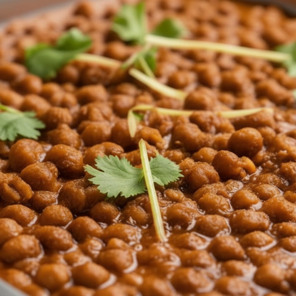 Close-up of chana masala, a chickpea curry, garnished with fresh cilantro and ginger slivers.