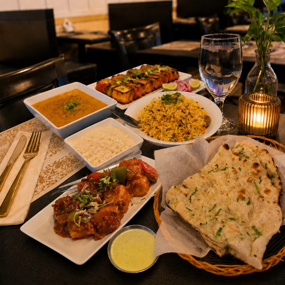 A table laden with various Indian dishes, including naan, rice, curries, and grilled paneer.