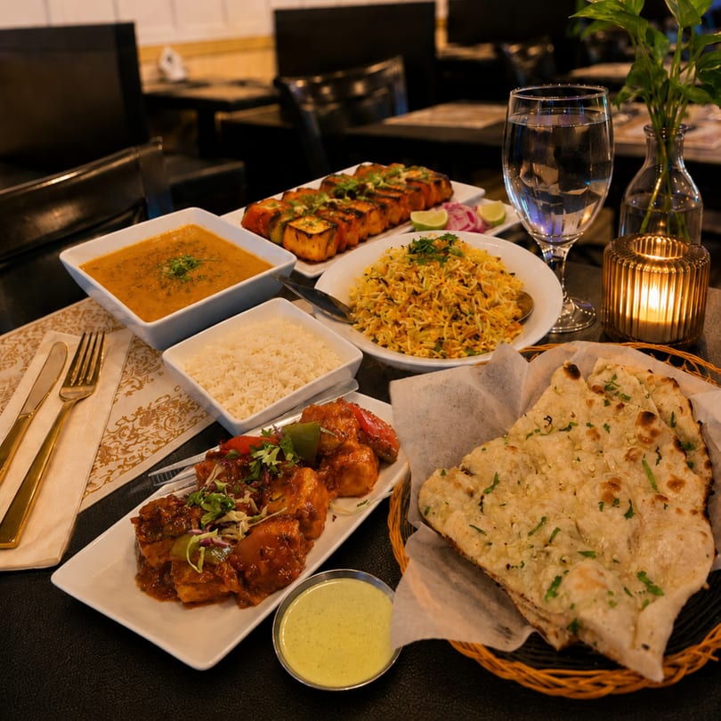 A table laden with various Indian dishes, including naan, rice, curries, and grilled paneer.