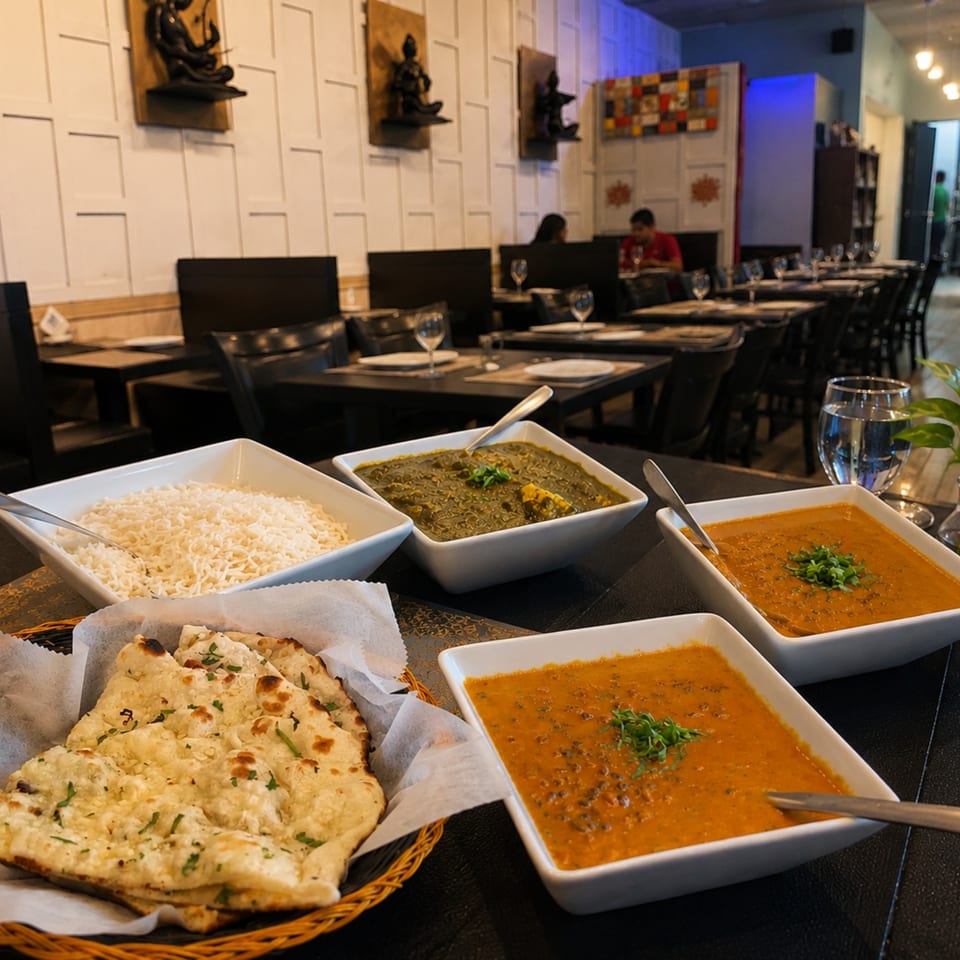 Indian dishes, including naan, rice, palak paneer, and dal, on a table in a restaurant.