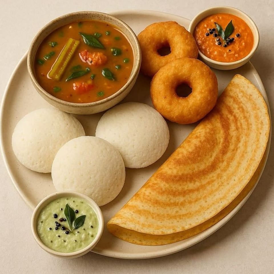A plate of South Indian breakfast with dosa, idli, vada, sambar, and two chutneys.