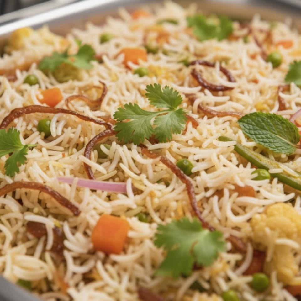 Close-up of vegetable biryani with rice, carrots, peas, fried onions, and cilantro in a serving dish.