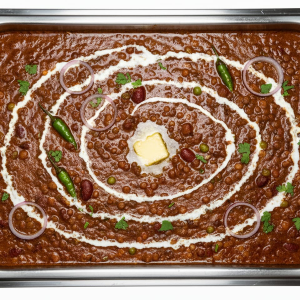 Dal Makhani with cream swirls, butter, green chilies, onion rings, and cilantro in a metal tray.