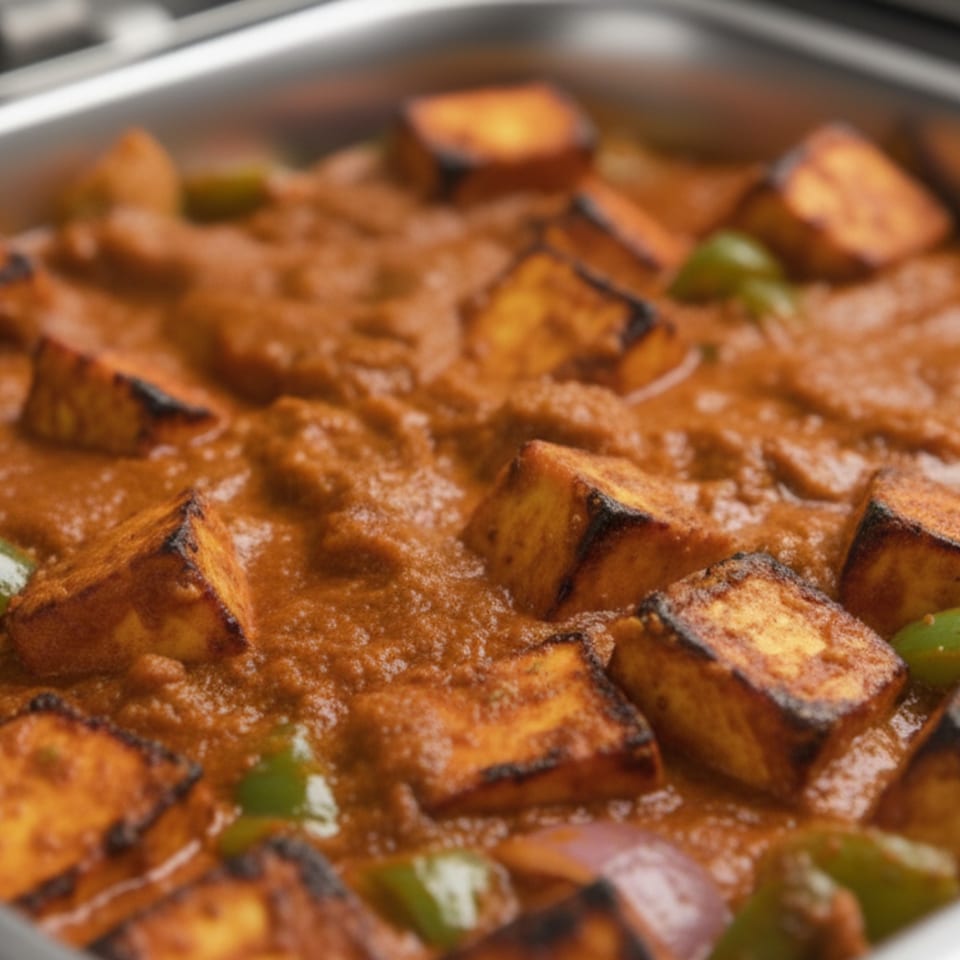 Close-up of paneer tikka masala in a metal serving dish, with grilled paneer, peppers, and onions.