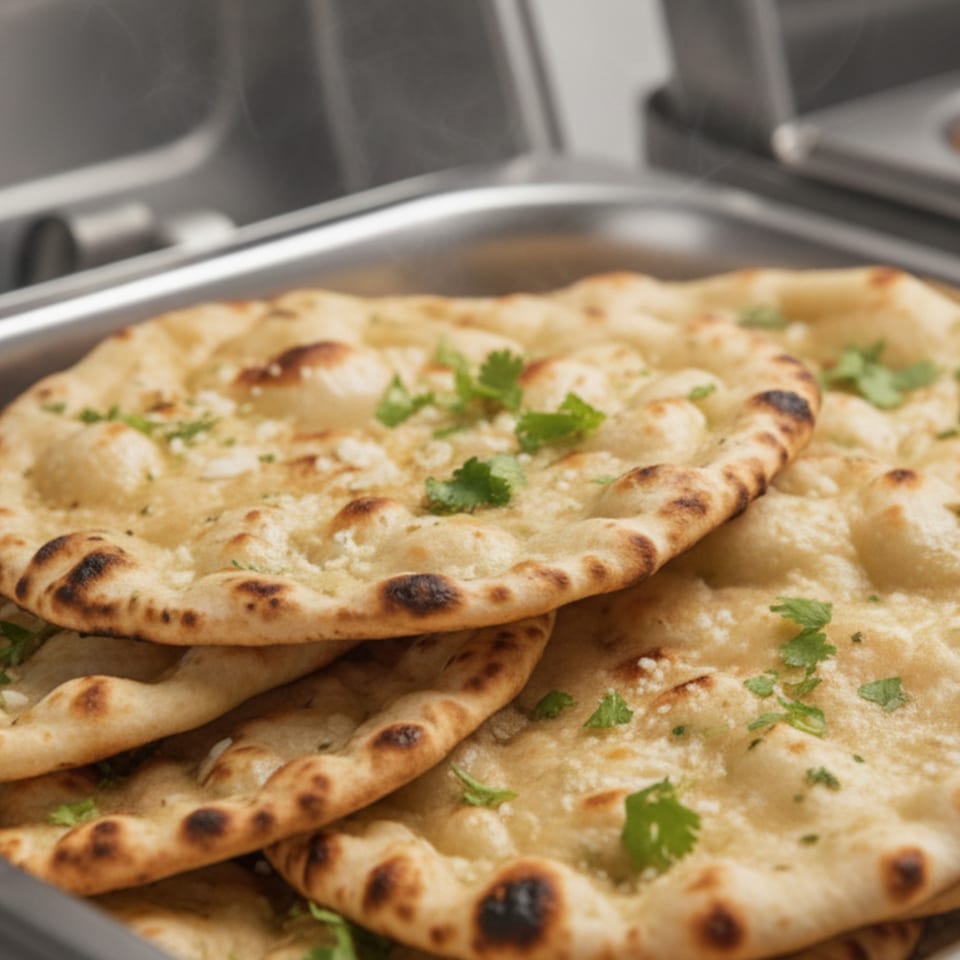 Warm, freshly baked naan bread, garnished with cilantro and garlic, steaming in a metal serving dish.