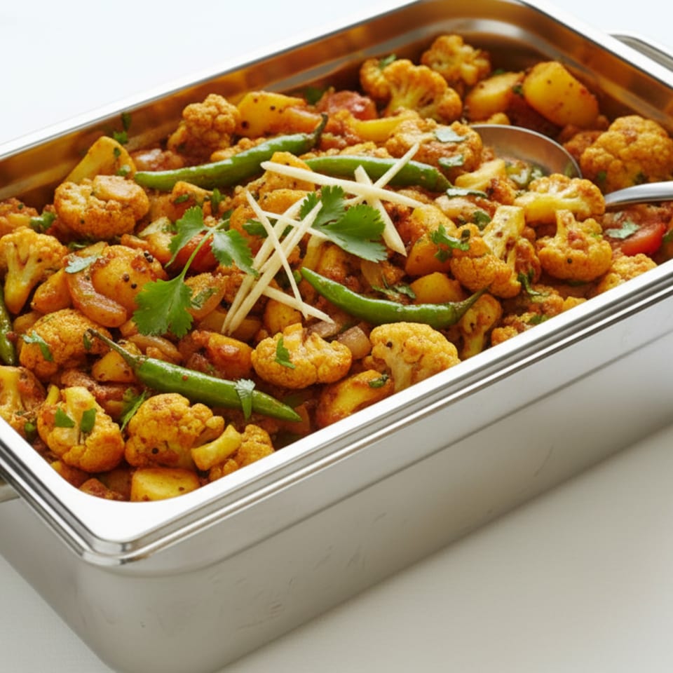 Aloo Gobi, an Indian dish with cauliflower and potatoes, garnished with ginger and green chilies.