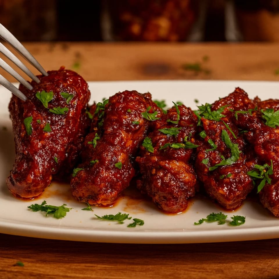A fork lifts a saucy chicken wing from a white plate of wings garnished with parsley.