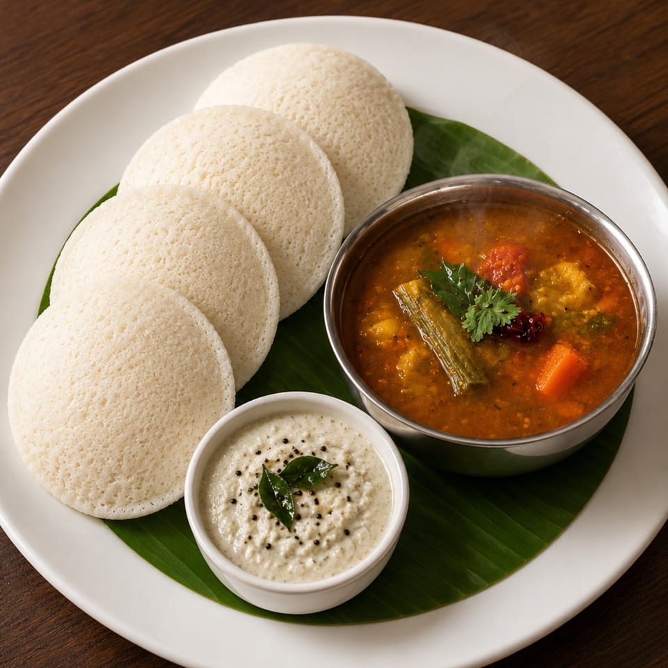 Five fluffy idlis, sambar, and coconut chutney on a white plate with a banana leaf.