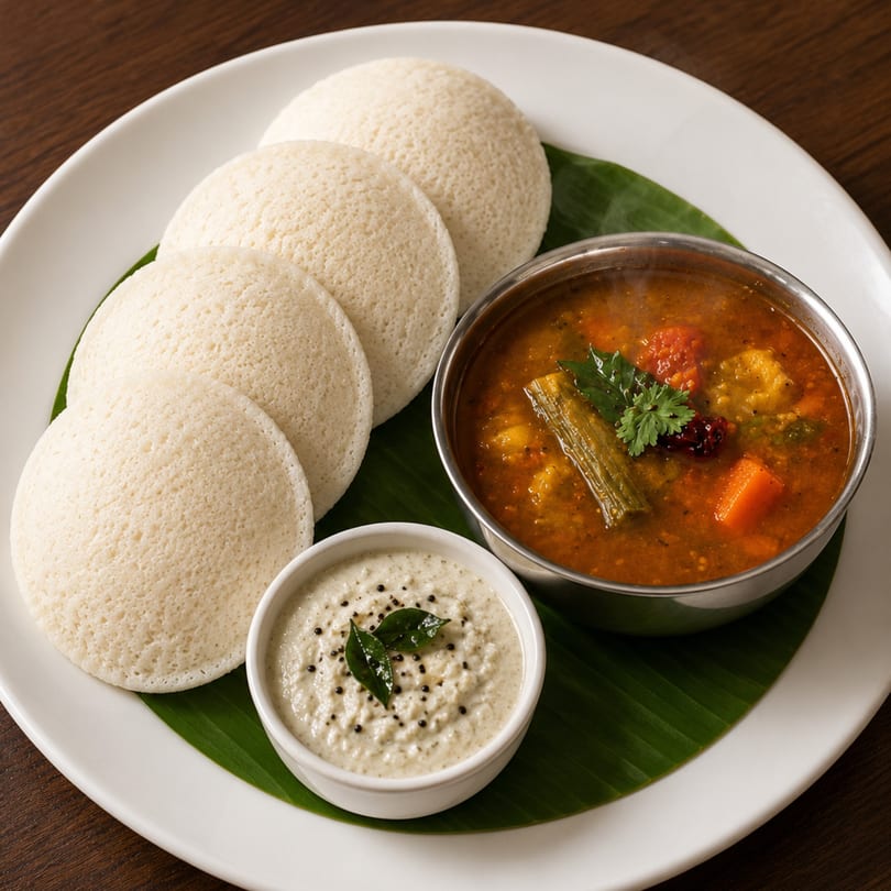 Five fluffy idlis, sambar, and coconut chutney on a white plate with a banana leaf.