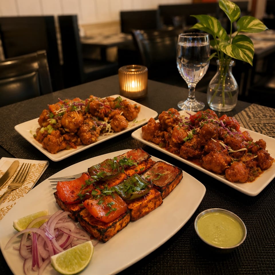 Three plates of Indian food, including paneer tikka and two plates of Gobi Manchurian, on a restaurant table.