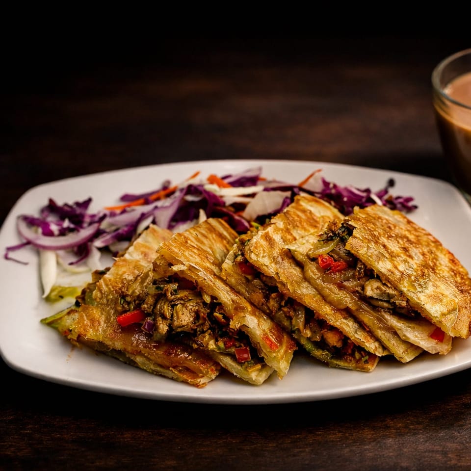 Crispy quesadillas filled with meat and vegetables, served with a side of red cabbage and onion salad.