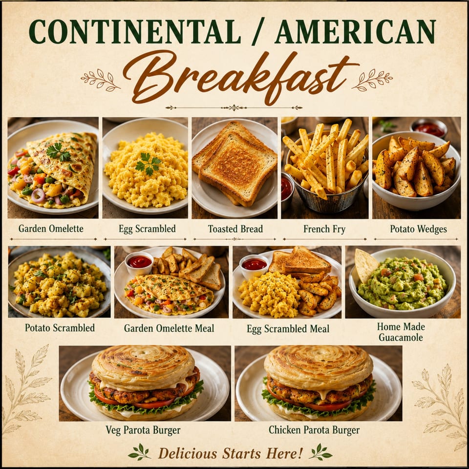 A menu collage showing various breakfast items like omelets, scrambled eggs, toast, fries, and parota burgers.